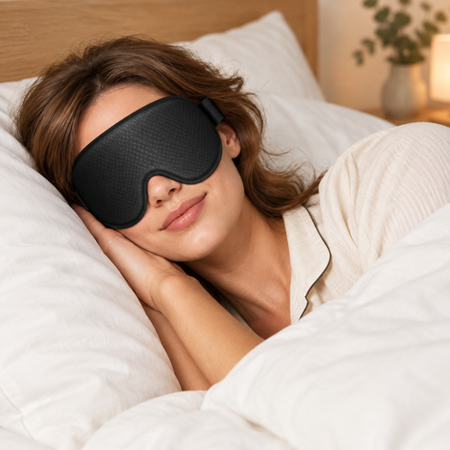 Person sleeping peacefully wearing a black 3D contoured sleep mask in a cosy natural bedroom