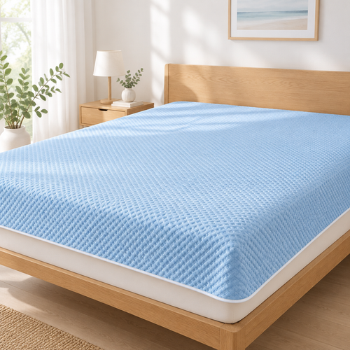 Light blue quilted cooling mattress topper laid flat on a bed in a bright natural bedroom